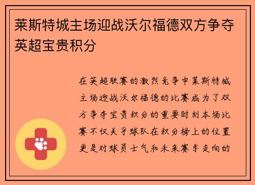 莱斯特城主场迎战沃尔福德双方争夺英超宝贵积分